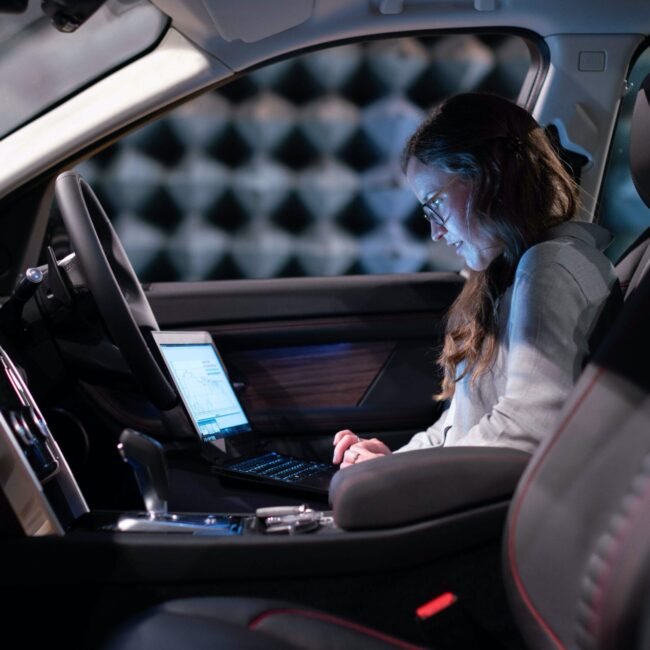 Woman on laptop in car.